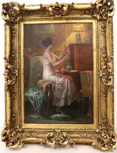 Max Carlier (Belgian, 1872-1938) Oil Painting on Canvas: Max Albert Carlier (Belgian, 1872-1938) Oil Painting on Canvas. Signed lower right. Depicting a sitting woman arranging flowers. Meaures approx. - 21" high x 14 1/4" wide, with frame approx.