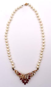 Vintage 14Kt Ruby & Diamond, Pearl Necklace