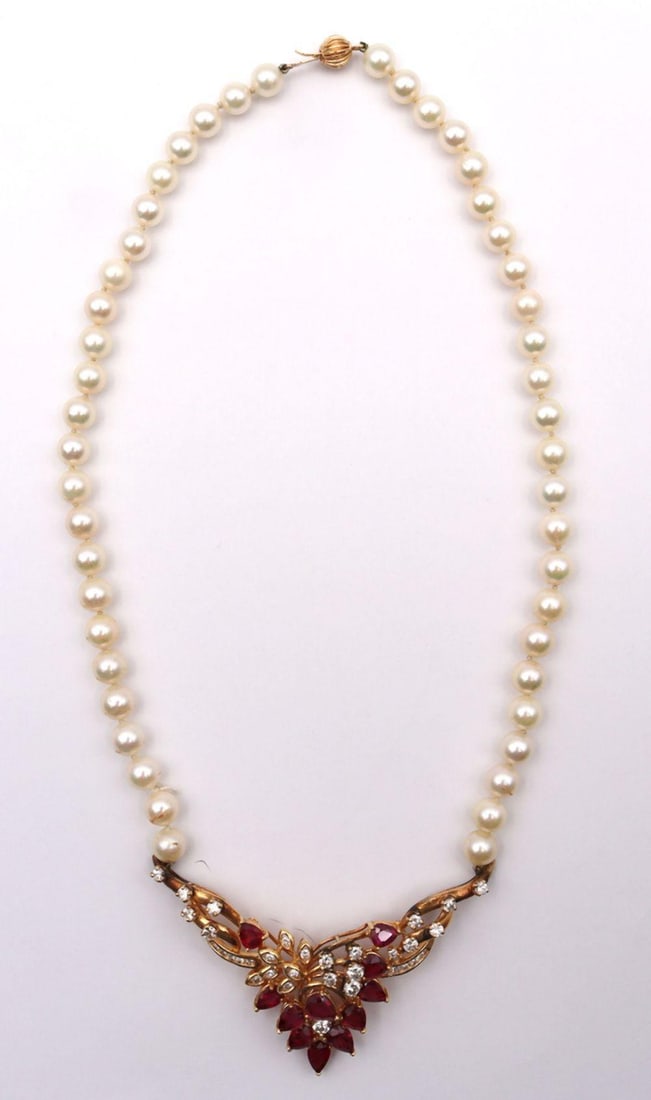 Vintage 14Kt Ruby & Diamond, Pearl Necklace