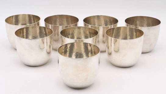 8 Old Newbury Crafters for Cartier Sterling Silver Cups: 8 Pc. Old Newbury Crafters for Cartier Hammered Sterling Silver Cups , 2 of which are unmarked. Each measures approx.- 3" x 3 1/2"" in dia. Weighs approx. - 39.27ozt. Signed "ONC Sterl