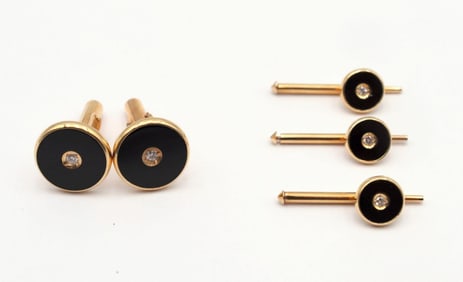Vintage 14Kt Onyx and Diamond Cufflinks and Stud Set