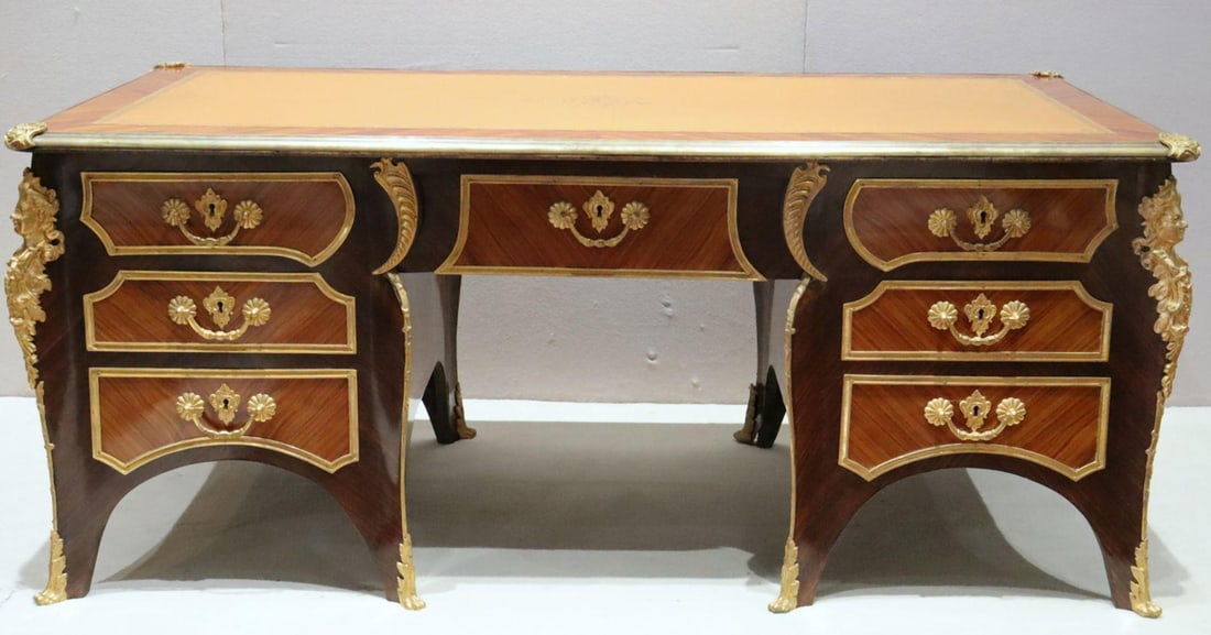 Antique French Louis XIV Style Ormolu Bronze Mounted Executive Desk (1 of 11)
