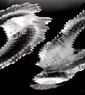 Lalique "Deux Poissons" Crystal Sculpture: Lalique France "Deux Poissons" (Double Fish) Frosted & Clear Crystal Sculpture. Measures - 11" high x 10 1/2" wide. Signed Lalique France on base. The ocean and the fish have