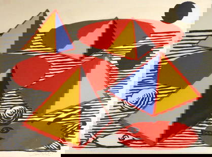 Alexander Calder "Pyramids and Fish" Lithograph: Alexander Calder (American, 1898-1976) "Pyramids and Fish" Lithograph. Color lithograph on arches paper. Pencil hand signed lower right. E.A bottom left. Measures approx. - 32" wide x