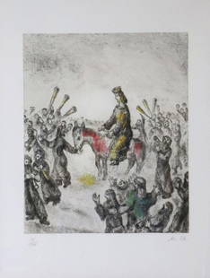 Marc Chagall "Solomon Proclaimed King of Israel" Etching: Marc Chagall (French/Russian, 1887-1985) "Solomon Proclaimed King of Israel" Etching with hand coloring. Signed in pencil artists initials. Numbered - 18/100. Measures approx. - 12 1/2"