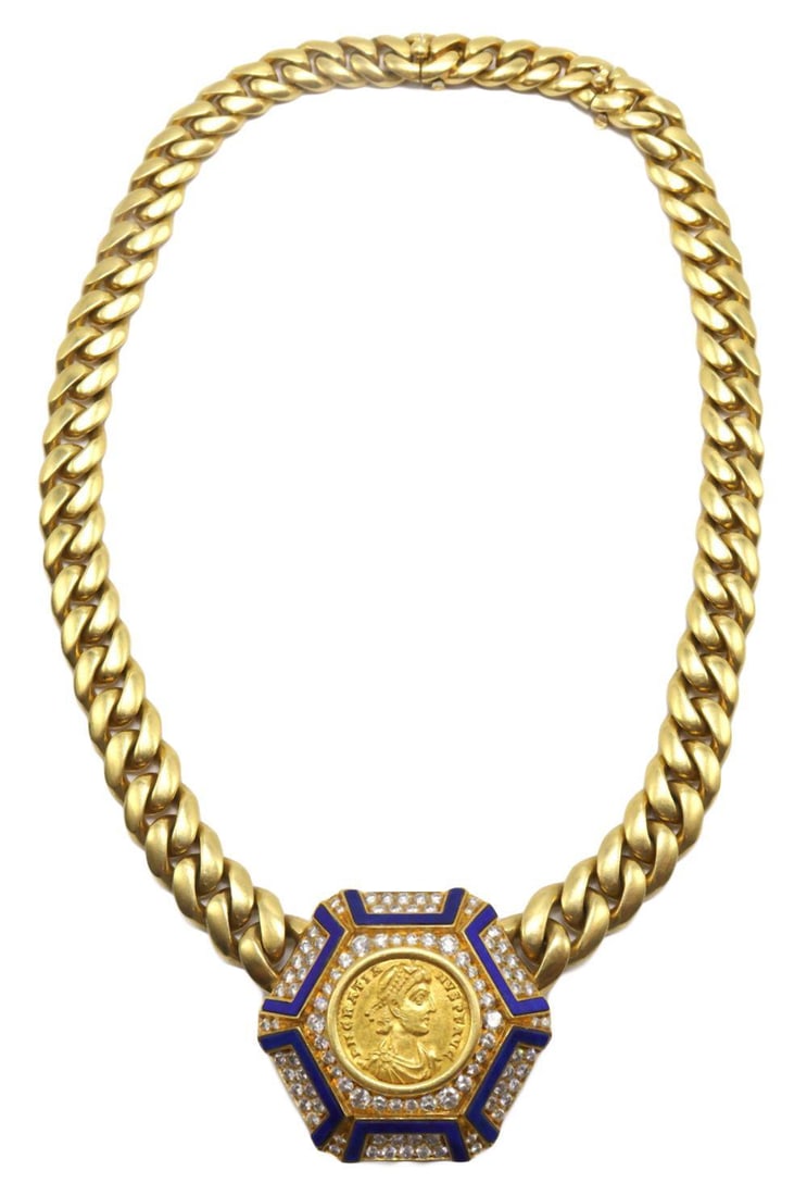Rare Bvlgari 18Kt Ancient Coin & Diamond Necklace