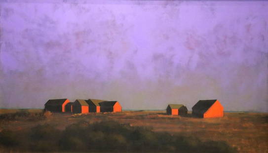 Robert Cardinal "Beach Cottages" Oil Painting on Canvas: Robert Cardinal (American (Massachusetts, New York) Canada, b. 1936) "Beach Cottages" Oil Painting on Canvas. Depicting beach cottages, landscape with a beautiful purple background from