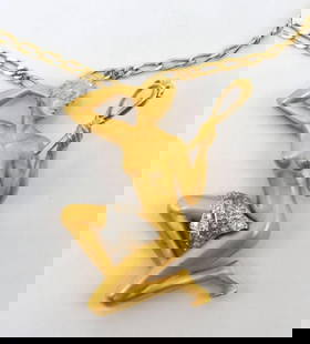 Carrera Y Carrera 18Kt & Platinum Diamond Pendant with Necklace: Vintage Carrera Y Carrera 18Kt Yellow Gold & Platinum Diamond Pendant with Necklace. Depicting a beautiful nude woman holding a hand mirror that is rutilated quartz as glass. The parchment on her