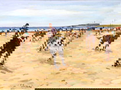 Marc Clauzade "Deauville, Les Jockeys" Oil Painting on Board: Marc Clauzade (French, b. 1957) "Deauville, Les Jockeys" Oil Painting on Board. Depicting jockeys on the beach. Signed lower right. Measures approx. - 31" wide x 23" high, with frame
