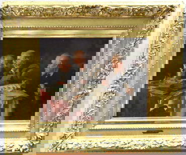 Louis Moeller (American, 1855-1930) "Hard to Convince" Oil on Canvas: Antique Louis Moeller (American, 1855?1930) "Hard to Convince" Oil Painting on Canvas, Circa 1890's. Depicting three men at a table, appearing to negotiate. Set in a brilliant gilt frame.