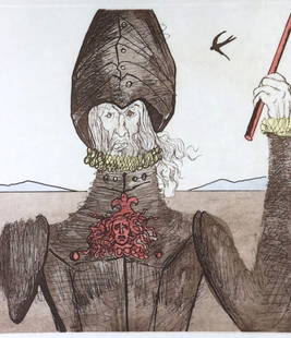 Salvador Dali "The Dreamer" Aquatint Etching: Salvador Dali (Spanish, 1904-1989) "The Dreamer" Aquatint Etching. From the "Historia de Don Quixote de la Mancha" suite. Circa 1981. Surrealism / surreal scene. Measures approx. - 26