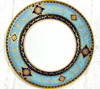 152 Pc. Bernardaud "Grace" Porcelain China Set: 152 Pc. Bernardaud "Grace" Porcelain Dinner China Set. Pattern #0449. Phoebe, gold floral/trim, light and dark blue colors. Service for 24, this set contains 24 dinner plates - 10 3/8" 24