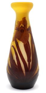Emile Galle (French 1846-1904) Cameo Glass Vase: Emile Galle (French (France) 1846-1904) Cameo Glass Vase. Very fine detail throughout. Measures - 8" high x 3 1/2" diameter. Please note - there is a chip in middle of vase, please see picture