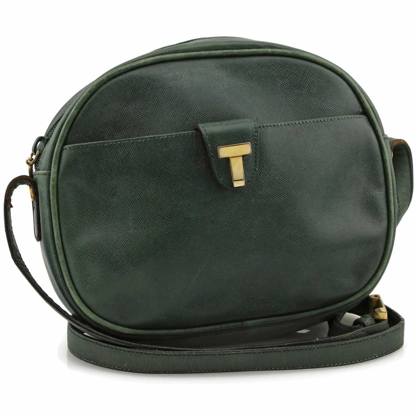 Tiffany & Co Green Leather Crossbody Hand Bag: Green leather handbag by Tiffany & Co. Exterior and strap both show some wear. Surface scratching on the gold hardware is present. The interior shows some wear (scratching/marks) as well. Measures