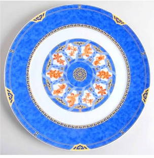 12 Pc. Christofle "Ginkgo Bleu" Porcelain Chargers: 12 Pc. Christofle "Ginkgo Bleu" Porcelain Chargers/Cake Plates. Measures approx. - 12 1/2" diameter. Pattern #7626. Blue bands and rope, rust flowers, gold trim. Provenance - from a promi