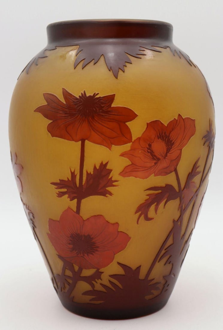 After Galle Cameo Glass Vase: After Galle Cameo Glass Vase. French glass, measures approx. - 9 1/2" high x 7" diameter. Have a similar item to sell? Contact us at info@marketauctionsinc.com Please review all photos clo