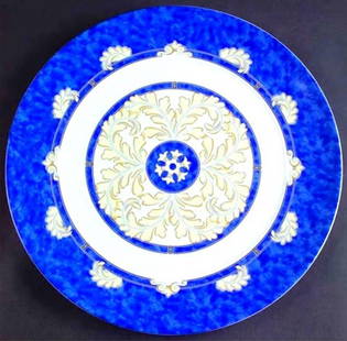 12 Pc. Christofle "Aida Bleu" Porcelain Chargers: 12 Pc. Christofle "Aida Bleu" Porcelain Chargers/Cake Plates. Measures approx. - 12 1/2" diameter. Pattern #7631. Blue rim and center, cream scrolls. Provenance - a prominent Palm Beach e