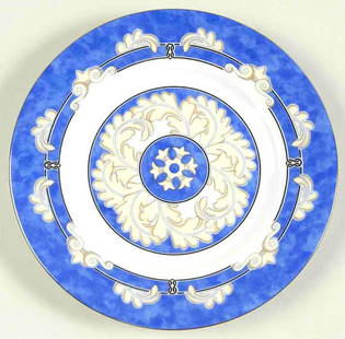 11 Pc. Christofle "Aida Bleu" Porcelain Dessert Plates: 11 Pc. Christofle "Aida Bleu" Porcelain Salad/Dessert Plates. Measures approx. - 8 3/4" diameter. Pattern #7631. Blue rim and center, cream scrolls. Provenance - a prominent Palm Beach es