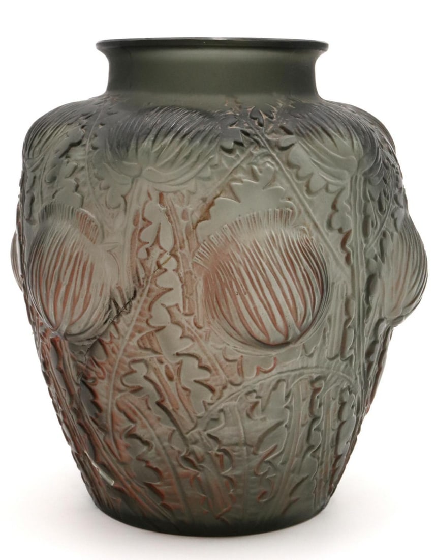 Rene Lalique "Domremy" Glass Vase: Rene Lalique "Domremy" Glass Vase. Measures approx. - 8 1/2" high x 8 1/2" diameter. No. 979, circa 1926. Piece is being sold as is, vase has been repaired. Signed R. Lalique France. ?