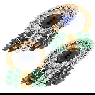 Giovane Italy Sapphire, Emerald & Diamond Earrings: From the esteemed Italian house of Giovane, these exquisite earrings are delicately crafted in 18-karat white and yellow gold. At their heart, two captivating oval-shaped cabochon blue sapphires,