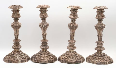 Antique English Rococo Repousse Sterling Silver Candlesticks