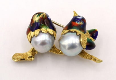 Vintage Italian 18Kt "Lovebirds" Enamel Brooch