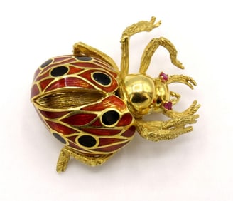 Vintage 18Kt Yellow Gold & Enamel Beetle Brooch