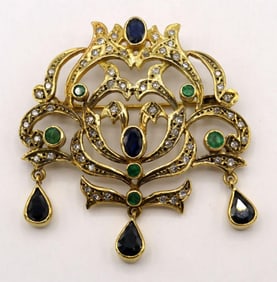 Vintage 18Kt Yellow Gold & Precious Stone Brooch