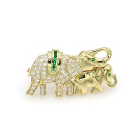 18K Yellow Gold Diamond & Emerald Elephant Brooch / Pin
