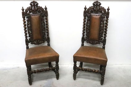 Pair of Spanish Revival Wooden & Leather Chairs