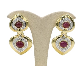 18Kt Yellow Gold Ruby & Diamond Drop Earrings