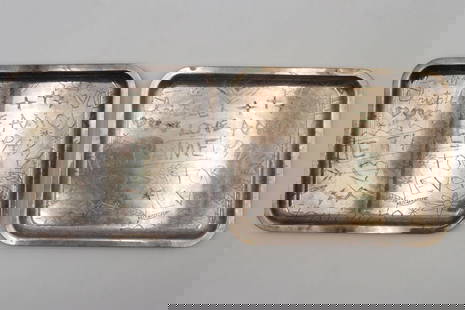Pair of Christofle "Graffiti" Silver Plated Trays: Pair of Christofle France "Graffiti" Silver Plated Rectangular Trays. Both marked. Measures approx. - 8" x 6". Total retail - $840. In used condition. Have a similar item to sell? Cont