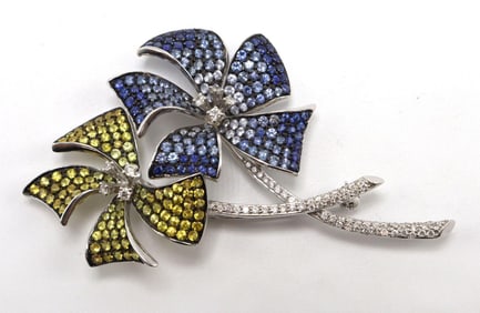 14Kt White Gold Diamond & Sapphire Brooch