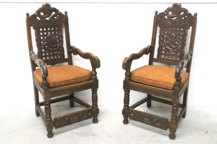 Two Vintage Chinese Hand Carved Wooden Armchairs
