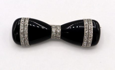 Deco Platinum Diamond & Black Onyx Bow Brooch