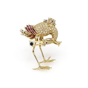18K Yellow Gold Pave Diamond & Ruby Flamingo Brooch