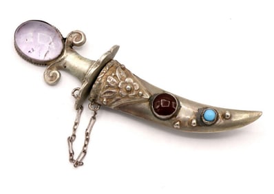 Vintage Sterling Silver & Semi-Precious Stone Dagger Brooch