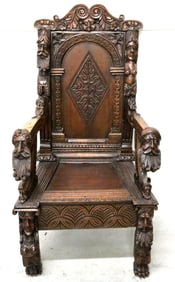 Antique Gothic Revival Carved Wooden Armchair