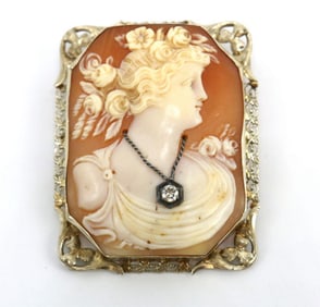 Large Antique 14Kt Cameo & Diamond Brooch/Pendant