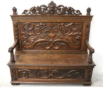 Antique Gothic Revival Wooden Coffer Bench
