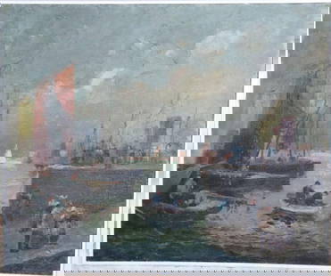 Antique 19th C. Oil Painting on Canvas: Antique 19th C. Oil Painting on Canvas, In Frame. Depicting a scene of ships and rowboats docking into port. Measures approx. - 21" W x 17 1/2" H. Frame - 30" w x 27" H. Illegible