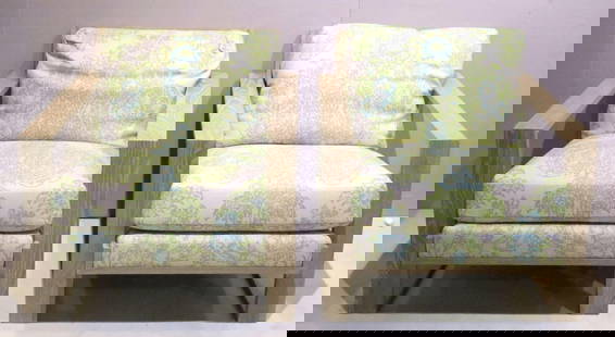 Pair of French Art Deco Style Lounge Chairs: Pair of French Art Deco Style Lounge Chairs. Measures approx. - 31&#34; high x 35 1/2&#34; deep x 32&#34; wide. We believe the chairs have been re-upholstered. Have a similar item to sell? Contact us
