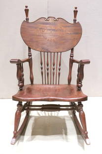Vintage French Mahogany Rocking Chair: Vintage Mahogany Rocking Chair with very small abalone details on the head piece. Overall good condition with a few smudges over the top, backside. Measures approx. 38" height, 16" width and