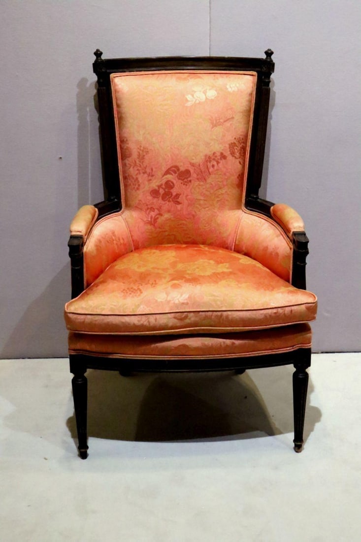 French Louis XVI Style Upholstered Armchair: French Louis XVI Style Upholstered Armchair. Measures approx. - 41 1/2" high x 29" deep x 26" wide. Have a similar item to sell? Contact us at info@marketauctionsinc.com Please review