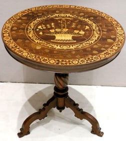 Vintage Portuguese Marquetry Inlay Tilt Top Round Table