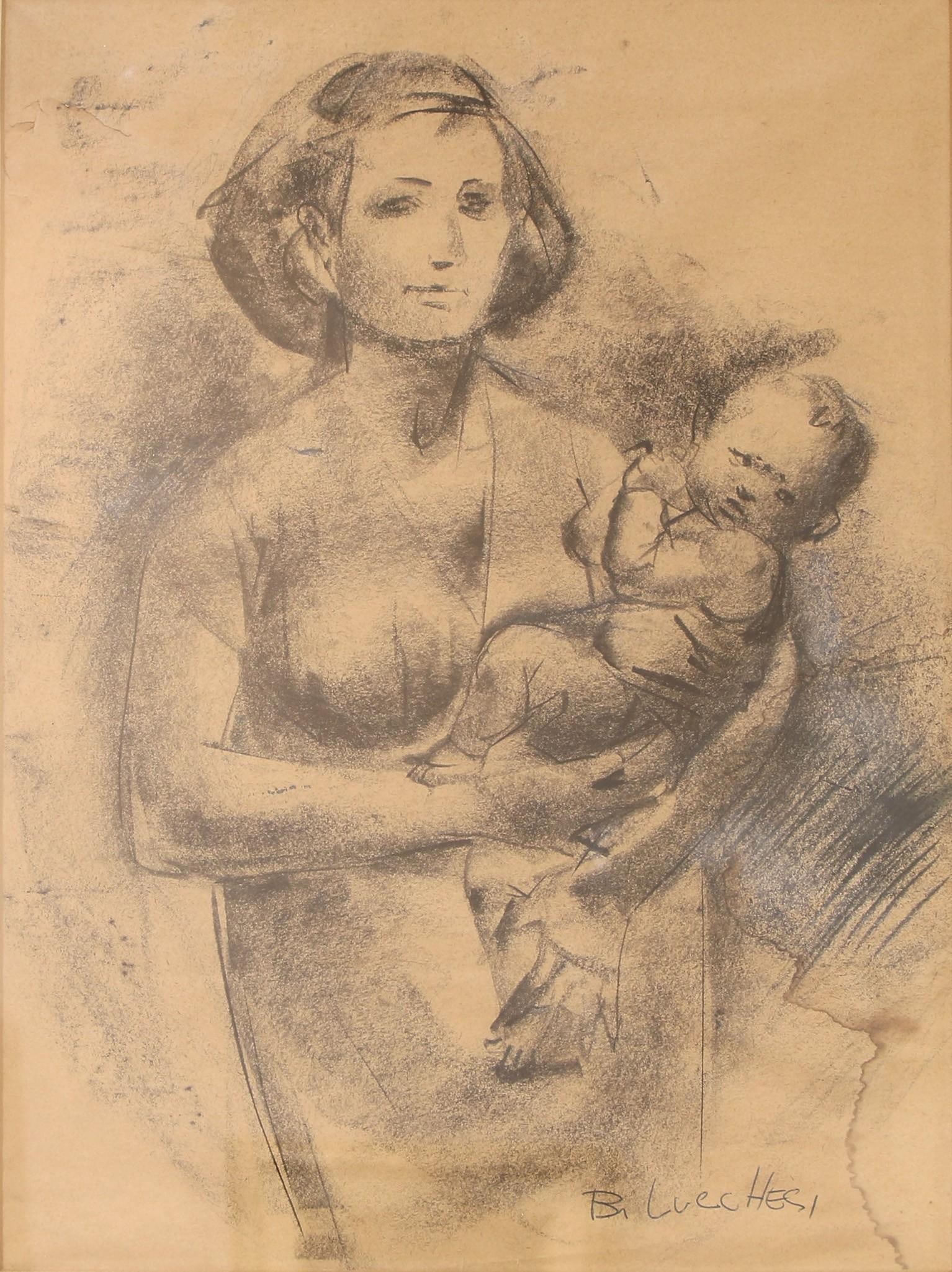 Bruno Lucchesi (American/Italian, b. 1926) Portrait Sketch: Bruno Lucchesi (American/Italian, b. 1926) Portrait Sketch. Signed B. Lucchesi on the bottom right in pen. Glass under wood frame. Paper shows a few tears on the top left along with some water stainin