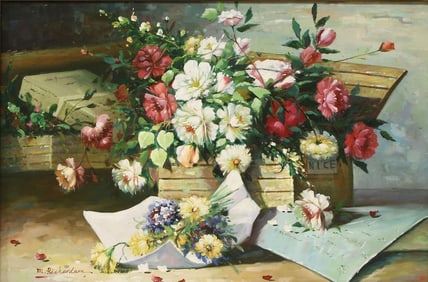 Signed M. Richardson, Still Life Oil Painting on Canvas