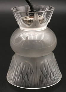 Lalique Crystal Hanging Pendant Light: Lalique Crystal Hanging Pendant Light. Crystal measures approx. - 5 1/2&#34; high x 4 1/4&#34; diameter, total length - 11 1/2&#34; long. Please note - canopy has some rust. Have a similar item to sel