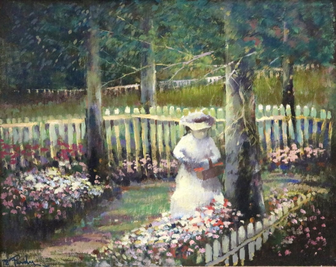 Donald Purdy (American, b. 1924) Oil on Board: Donald Purdy (American, b. 1924) Oil Painting on Board. Depicting a girl picking flowers in a garden. Measures approx. - 15 1/2" high x 19 1/2 " wide, total with frame - 27" high x 31"