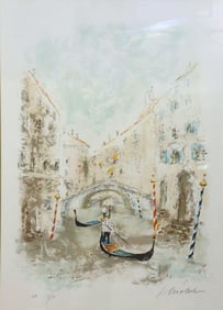 Urbain Huchet "Gondola in Venice" Lithograph